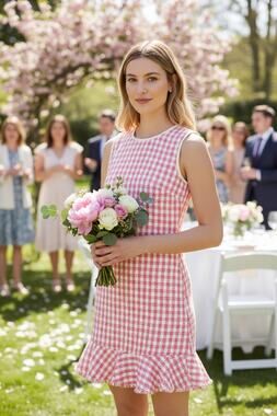 NEW KATE SPADE DRESS COQUETTE PINK WHITE METALLIC GOLD TWEED GINGHAM RUFFLE